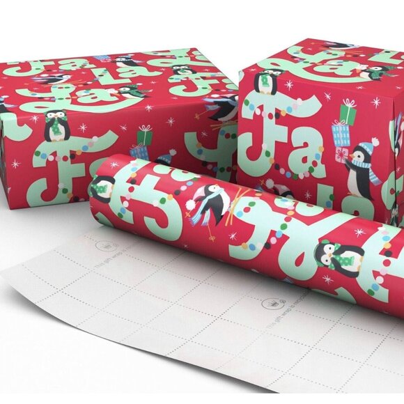 Hallmark Wrapping Paper Christmas Penguins Fa La La Red 35 sq ft Roll Holiday - Picture 3 of 4